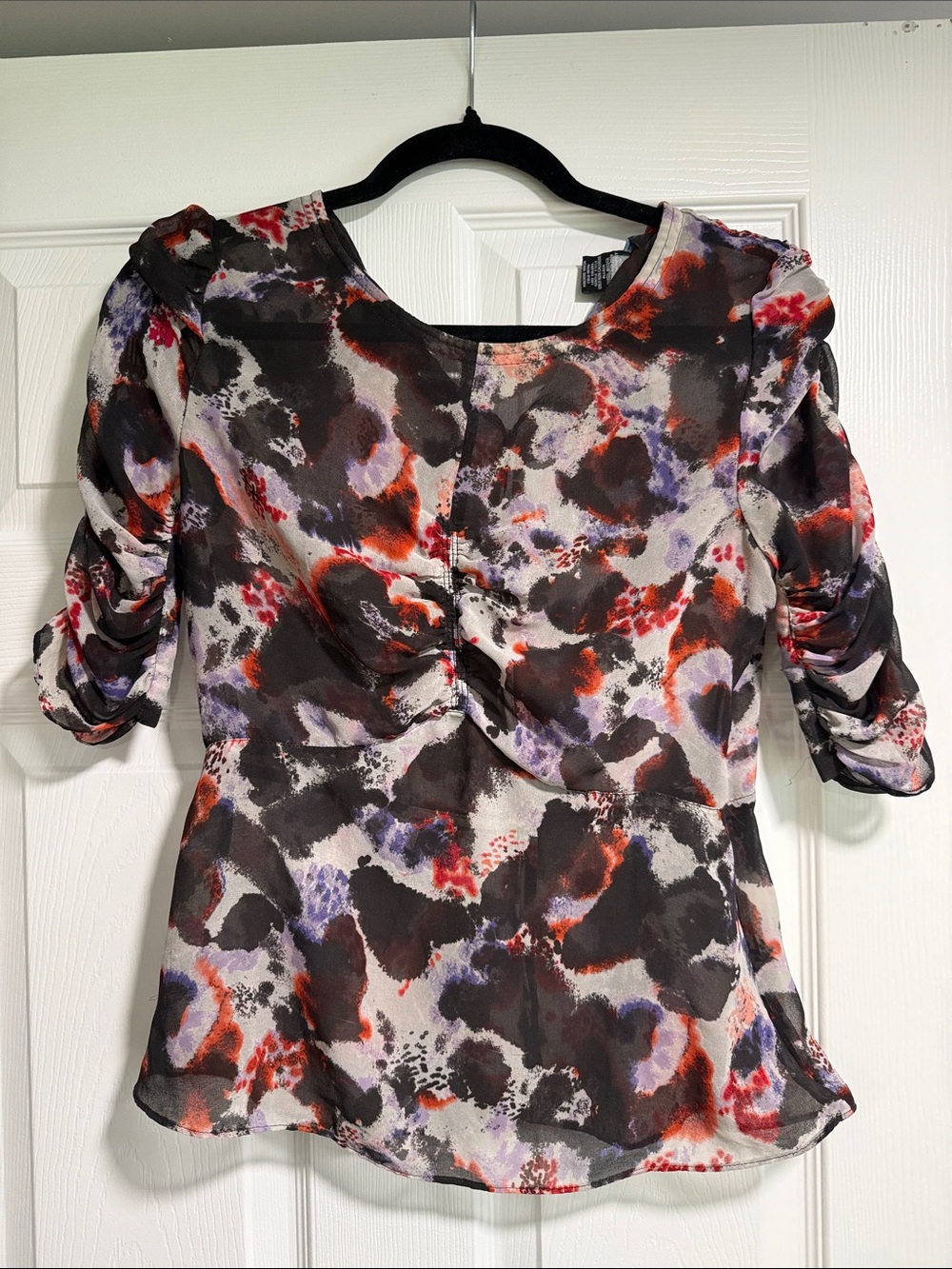 Moda International Abstract Multicolor Ruched Sleeve Blouse